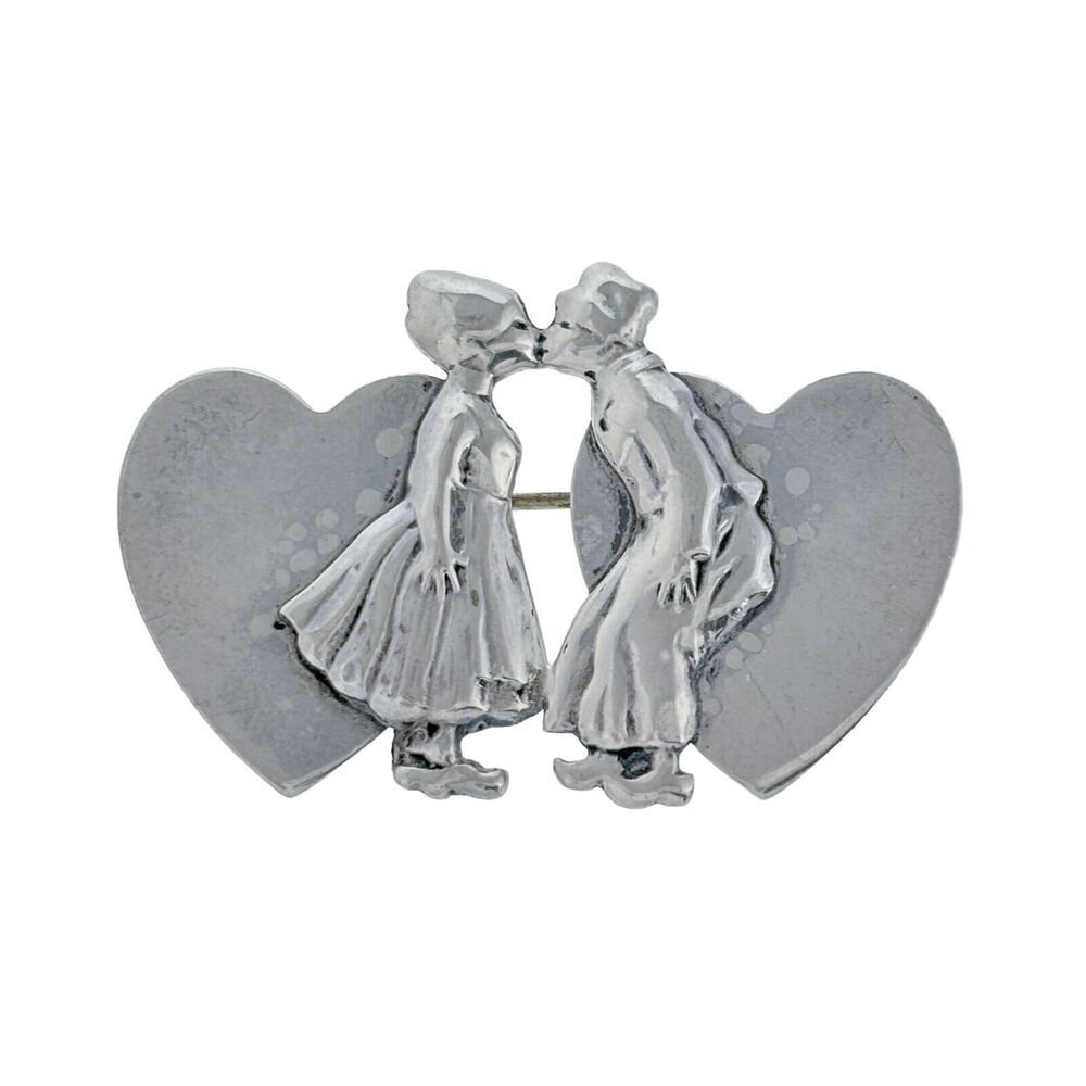 Vintage Sterling Silver 925 Dutch Boy Girl Kissing Double Heart Pin Brooch